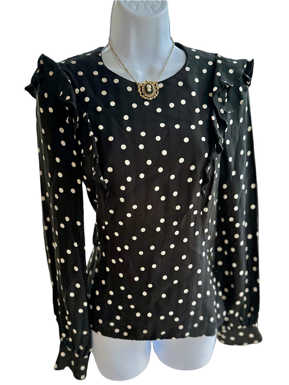 Karen Millen Black and Cream Polka Dot Long Sleeve Ruffle Blouse US 6